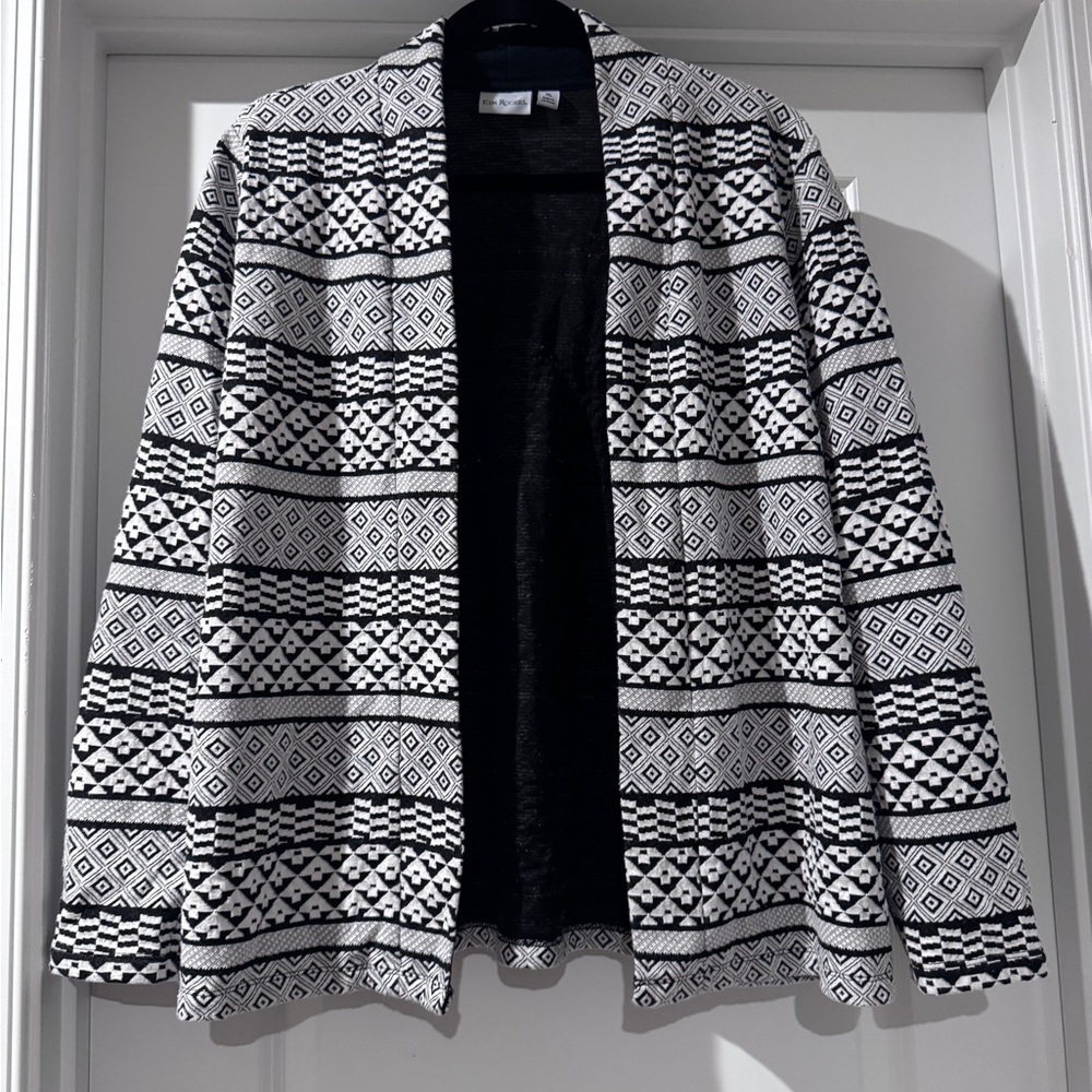 Kim Rogers Black & White Aztec Print Open Front Cardigan Sweater Size XL